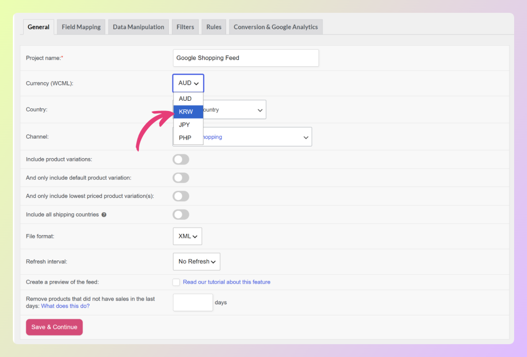 Product Feed Elite Allgemeine Einstellungen, die das WCML-Währungs-Dropdown für einen Google Shopping-Feed anzeigen