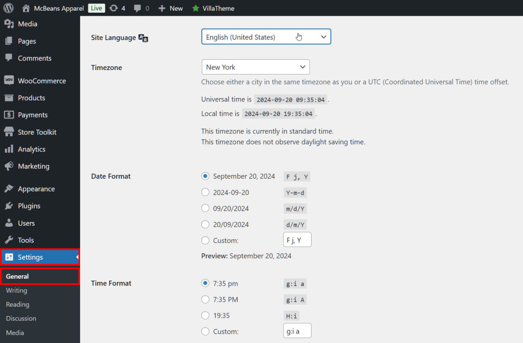 The WordPress Admin Dashboard, showing the route from the Settings panel to the General panel and the Site Language dropdown with English selected