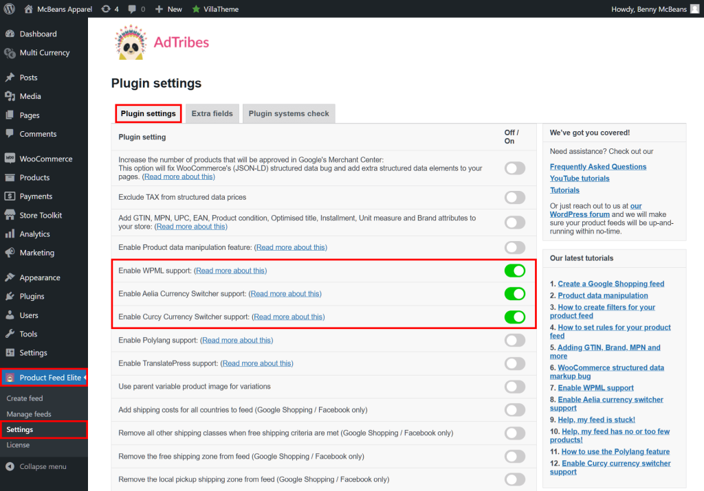 AdTribes Product Feed Elite's Plugin settings section, showing several options, with the currency switcher options enabled and highlighted in red