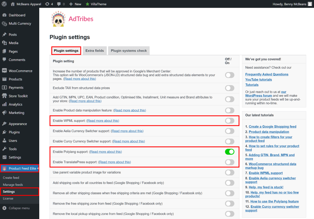 The Product Feed Elite plugin settings, with the language switcher integrations highlighted and Polylang enabled