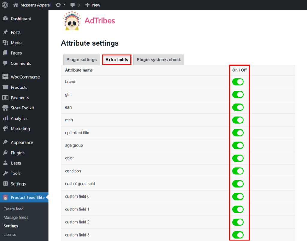 AdTribes Product Feed Elite's Attributes Settings section, showing many extra fields enabled and highlighted in red