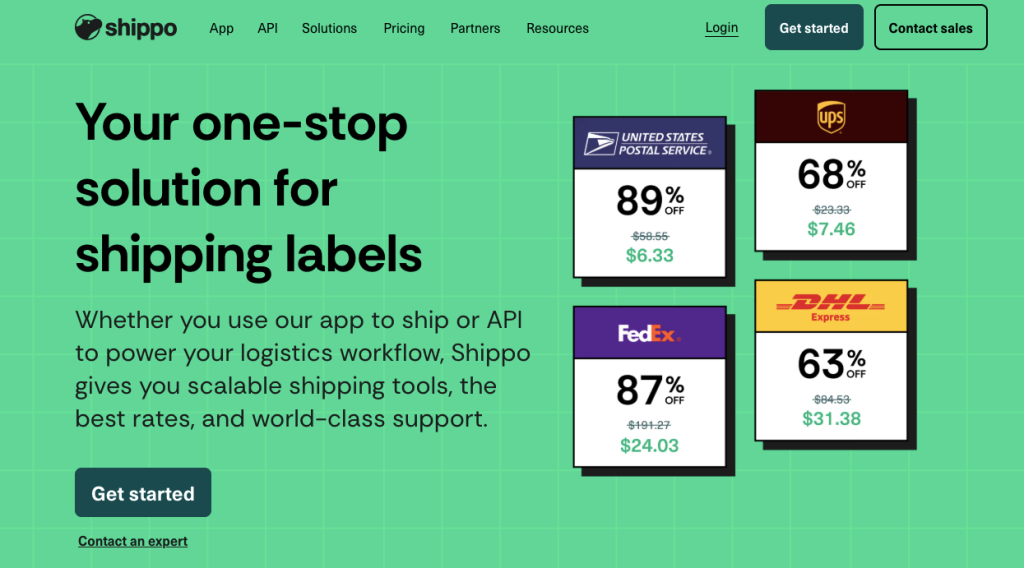 Shippo website landing page promoting shipping label solutions, large green grid background, headline text and four discounted carrier price tiles.