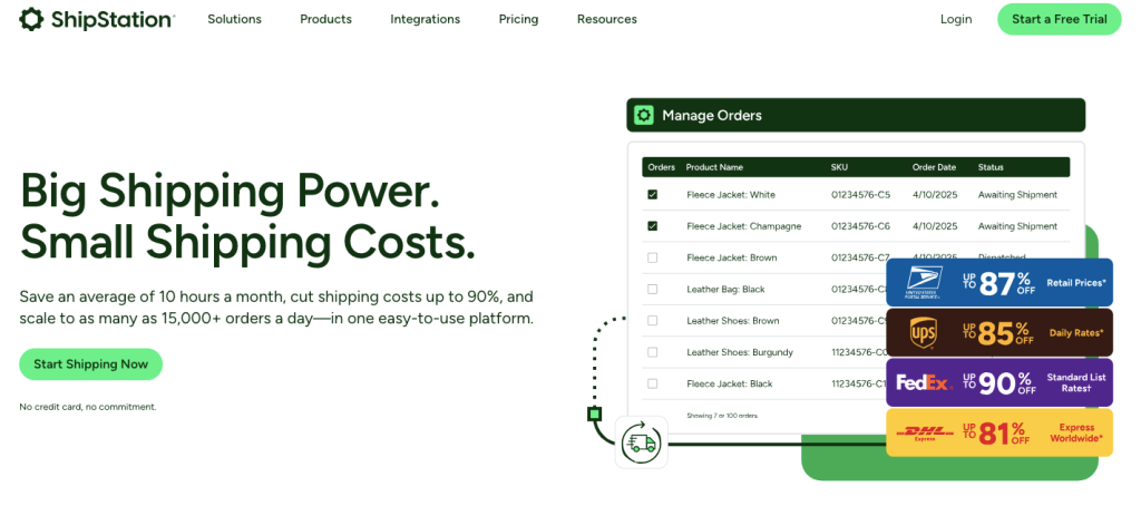 ShipStation homepage showcasing order management interface, green branding, call-to-action button, and carrier discount badges highlighting major shipping savings.