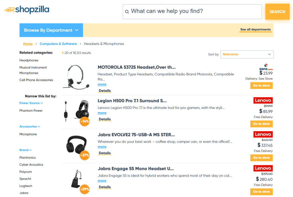 A display of headsets and microphones via Shopzilla