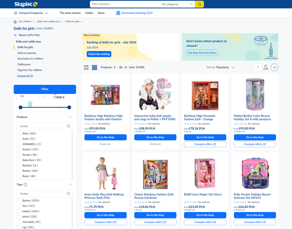 Dolls on the comparison shopping engine Skapiec