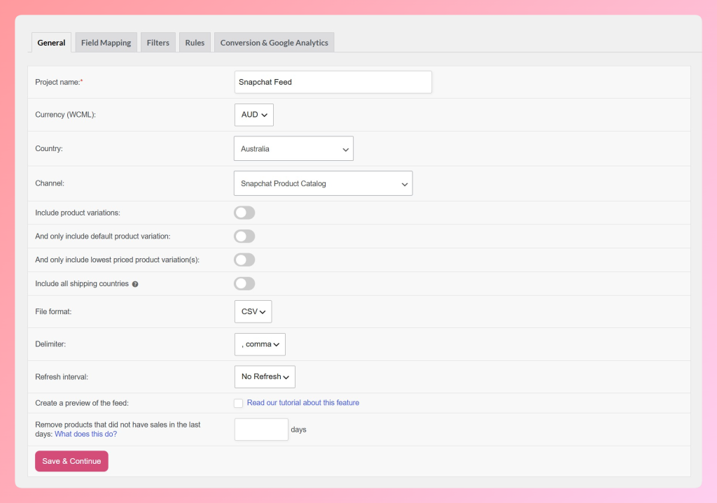 Snapchat Product Catalog selected in AdTribes Product Feed Pro
