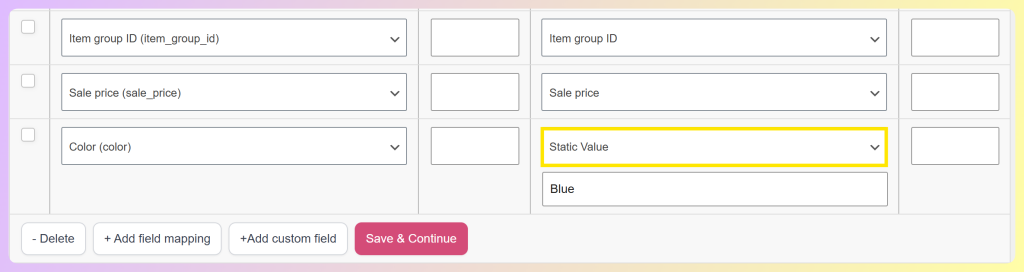 AdTribes field mapping with the Color attribute set to Static Value and Blue entered as the value