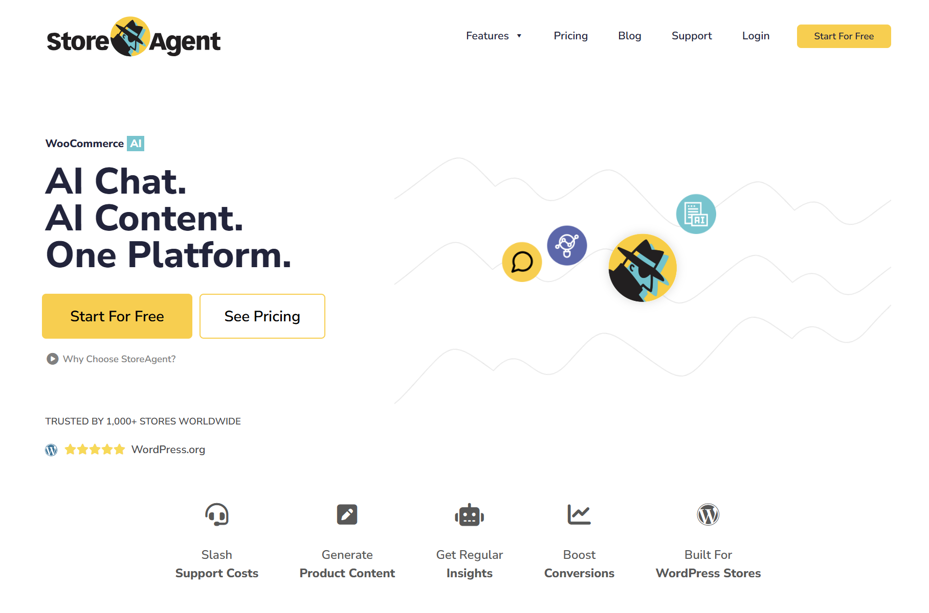StoreAgent homepage showing the tagline “AI Chat. AI Content. One Platform.” with buttons for Start For Free and See Pricing.