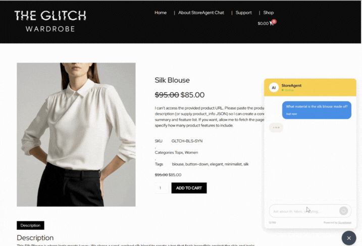storeagent-chat-sample - AdTribes GIF showing StoreAgent chatbot on a product page answering a shopper’s question about a silk blouse