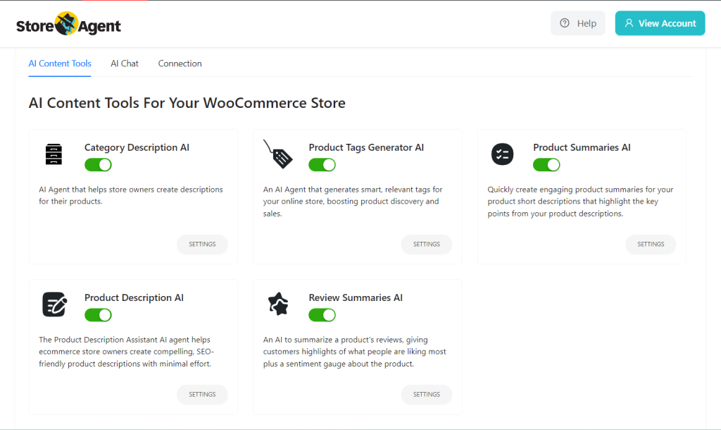 StoreAgent Content dashboard showing five AI tools: Category Description AI, Product Tags Generator AI, Product Summaries AI, Product Description AI, and Review Summaries AI.