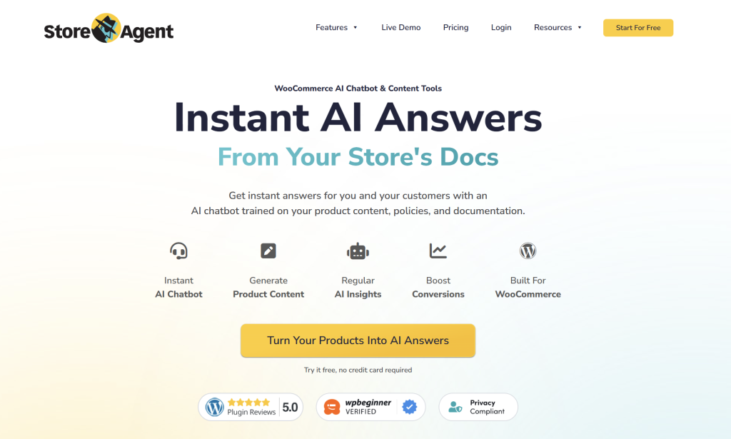 storeagent-homepage - AdTribes StoreAgent homepage showing its AI chat and product content automation features