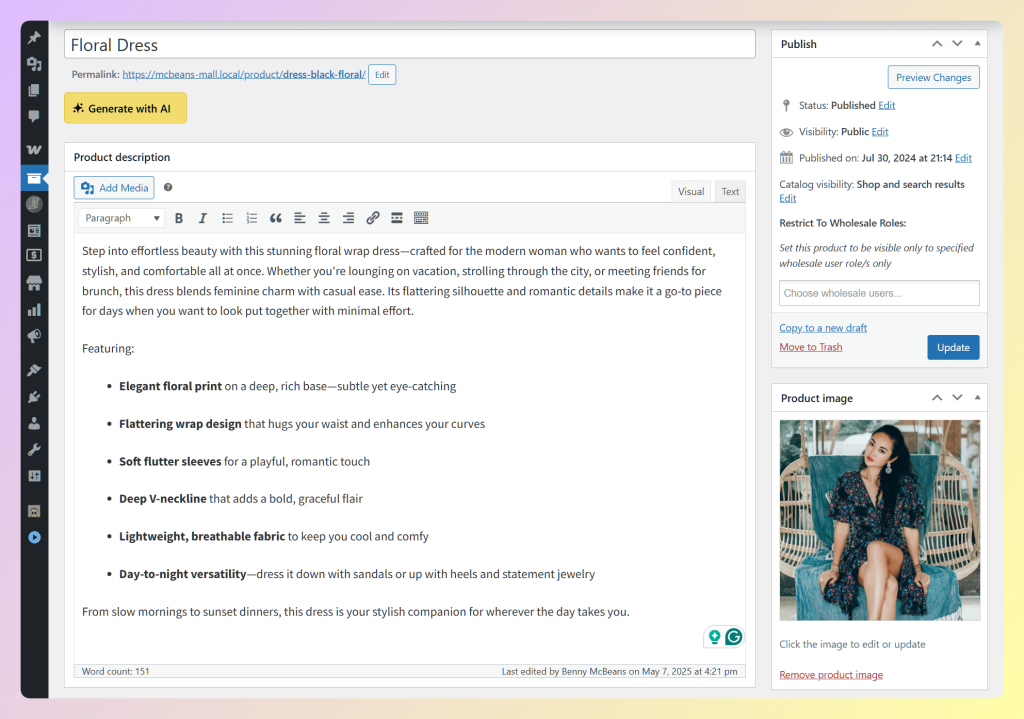 AI-generated product description in the WooCommerce editor