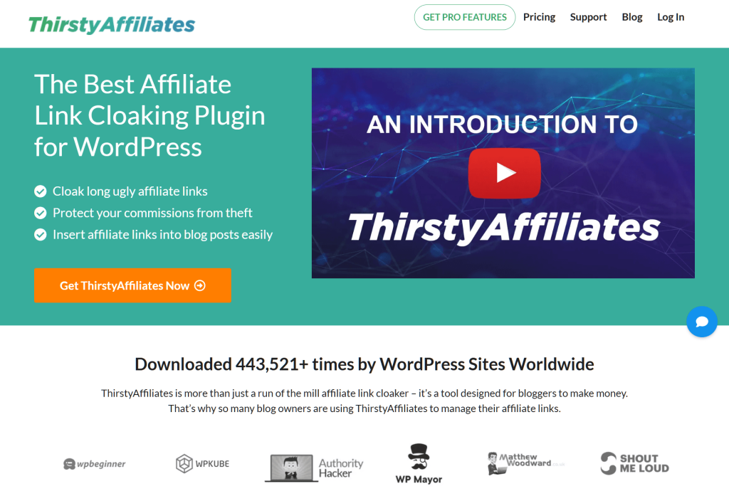 The ThirstyAffiliates landing page, showing various features and a call to action