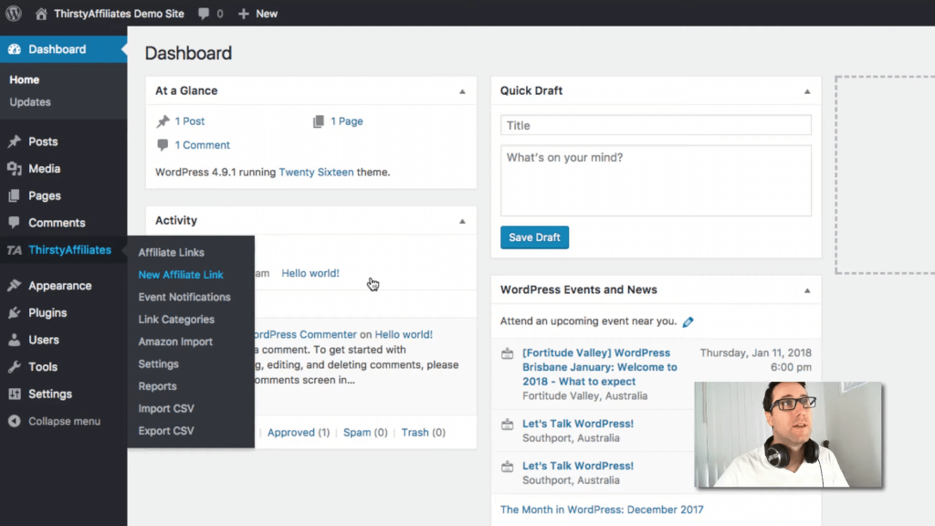 The ThirstyAffiliates dashboard, showing various panels and features