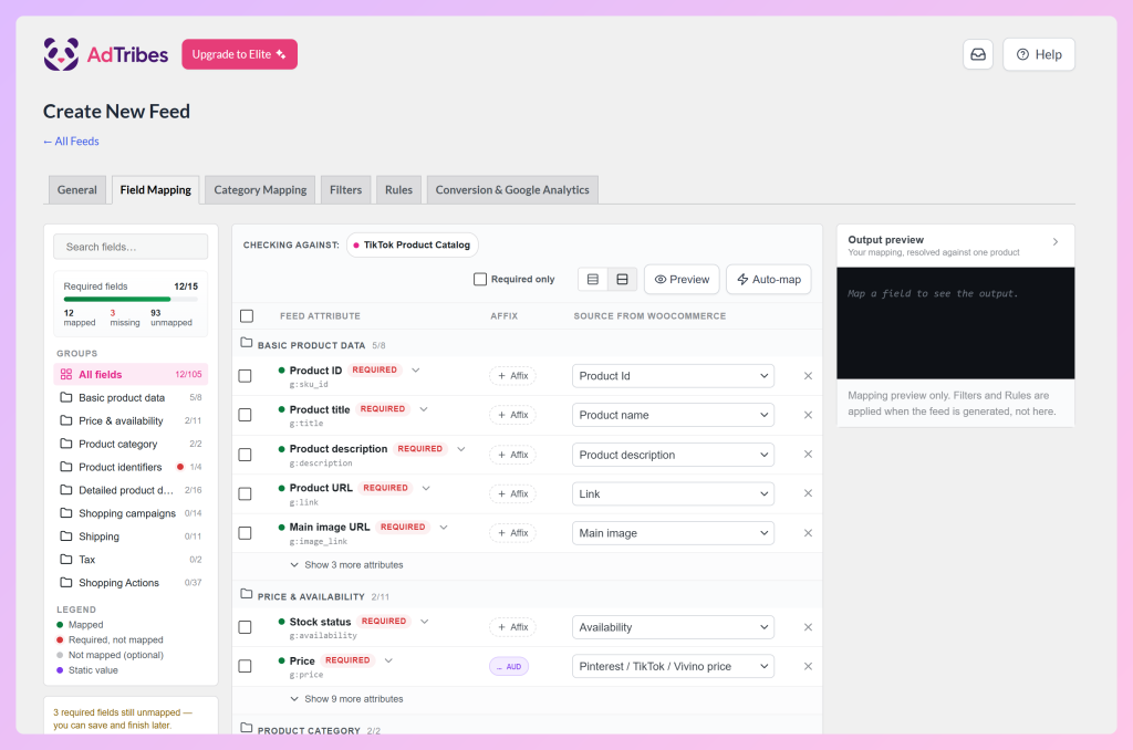 Scheda AdTribes Field Mapping per un feed TikTok Product Catalog con il contatore Required fields, il pulsante Auto-map e gli attributi prodotto mappati