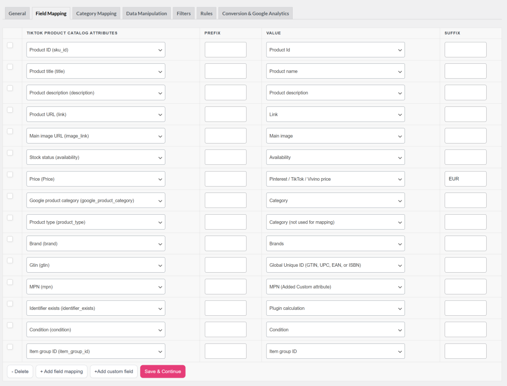 Field mapping screen for TikTok Product Catalog showing attribute rows
