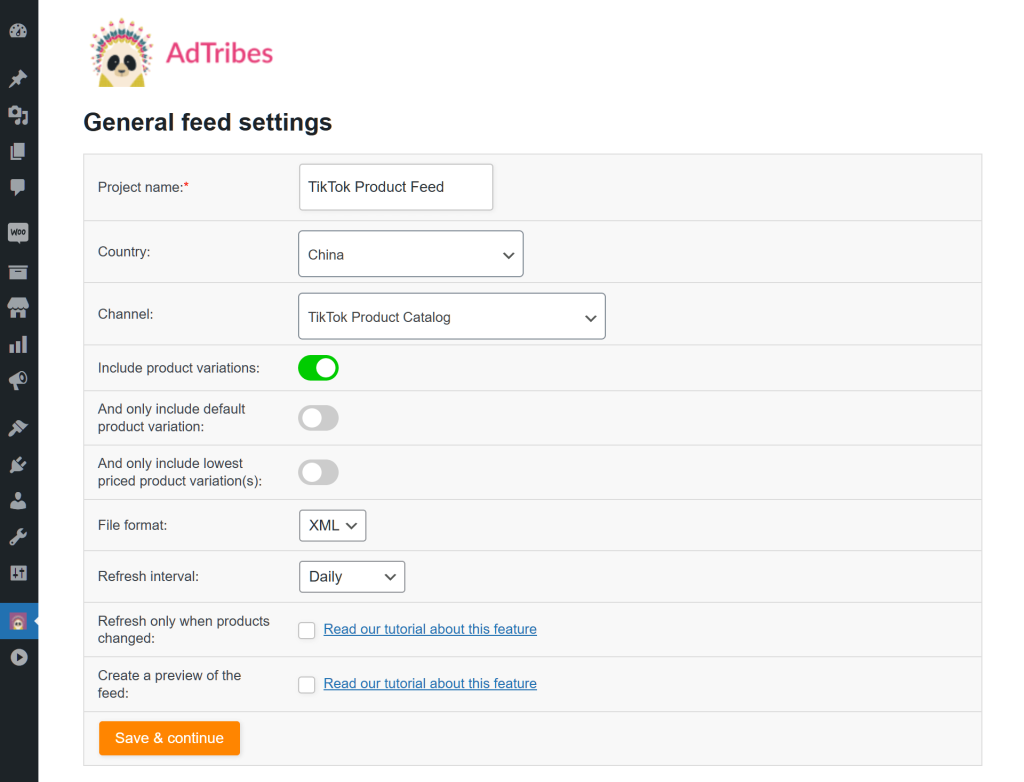 The first page of the TikTok Product feed settings, showing various product feed creation options enabling users to name their feed, select the target country and channel, and choose the file format