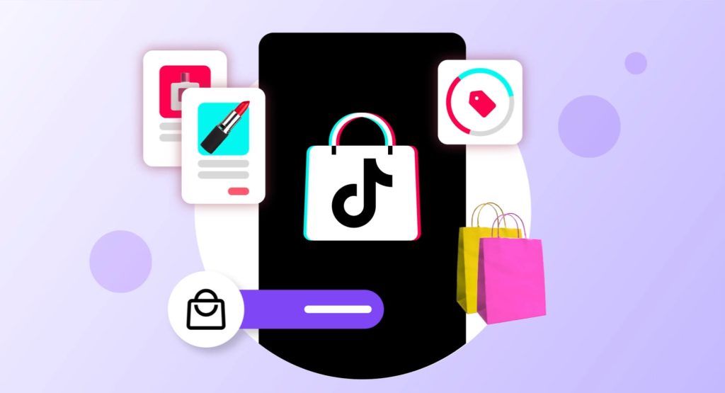 The TikTok logo surrounded by various visual elements, including shopping bags, a coupon icon, and a lipstick.