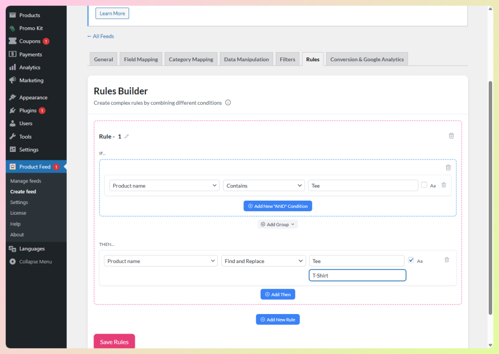 Product Feed Pro Rules Builder replacing Tee with T-Shirt in product name