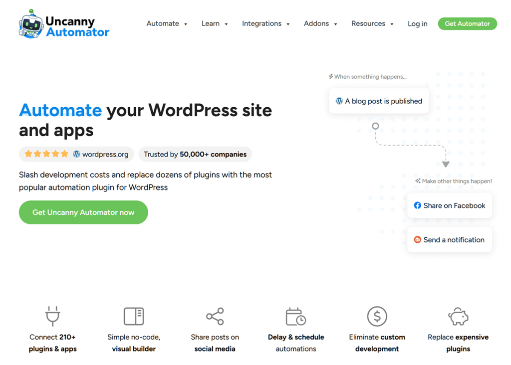 Homepage hero for Uncanny Automator promoting WordPress automation, showing trigger 'A blog post is published' with actions like 'Share on Facebook'.