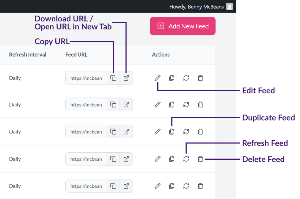 The AdTribes Manage Feeds UI, with various rows and columns of data, and specific tools highlighted