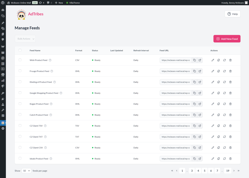 The AdTribes Manage Feeds UI, with various rows and columns of data