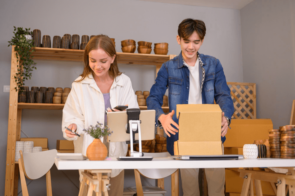 a male and female entrepreneur keeping track of inventory