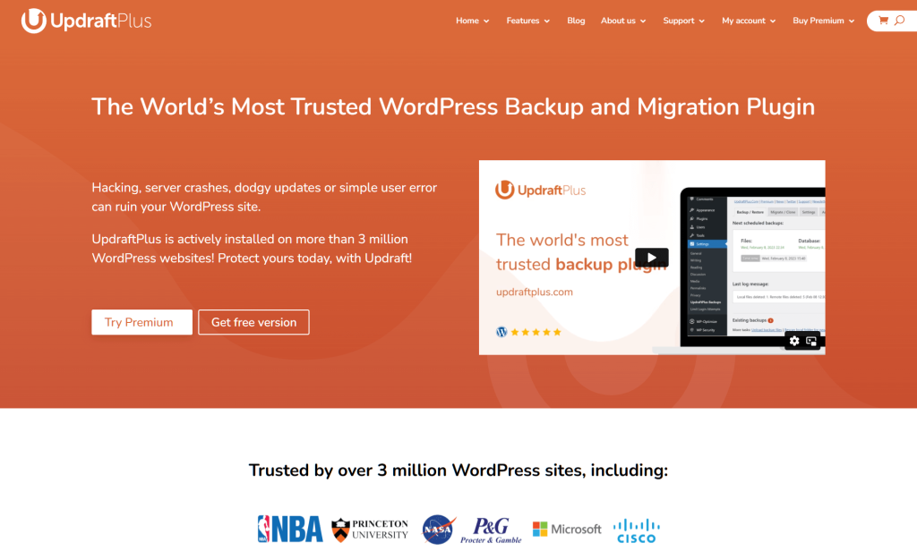 The Updraft Plus landing page, showing various websites that use it