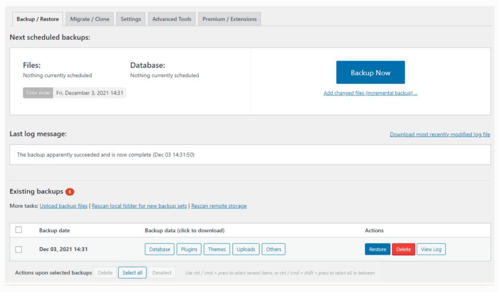 The Updraft Plus interface, showing the process of backing up files