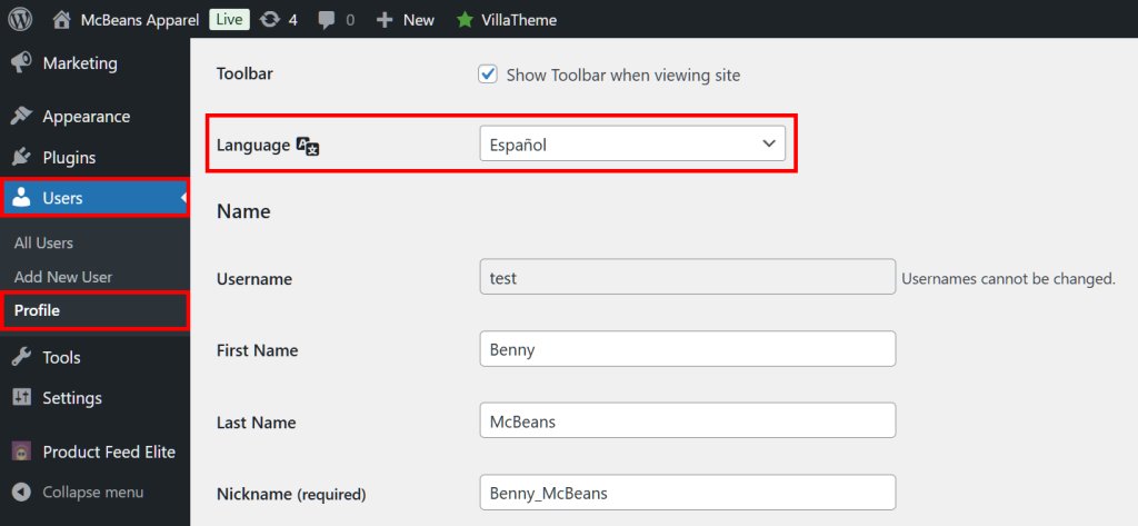 The route from the Users panel to the Profile panel, showing the Language settings on the WordPress Admin Dashboard, complete with a dropdown menu with Spanish selected