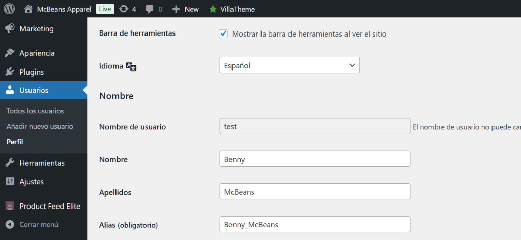 The route from the Users panel to the Profile panel, showing the Language settings on the WordPress Admin Dashboard, complete with a dropdown menu with Spanish selected, and all the text in Spanish