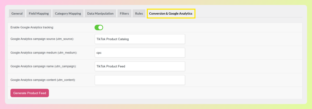 AdTribes Conversion and Google Analytics tab with tracking enabled for a TikTok product feed