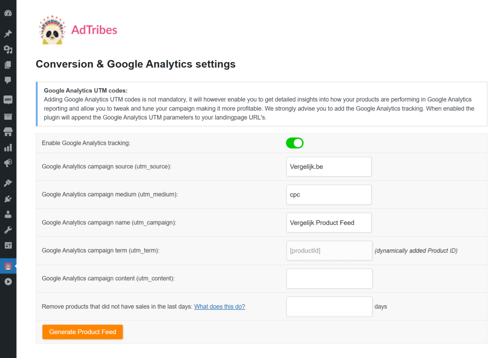The Vergelijk.be product feed settings, specifically the Google Analytics tracking settings, showing various utm parameters and the toggle for enabling and disabling Google Analytics