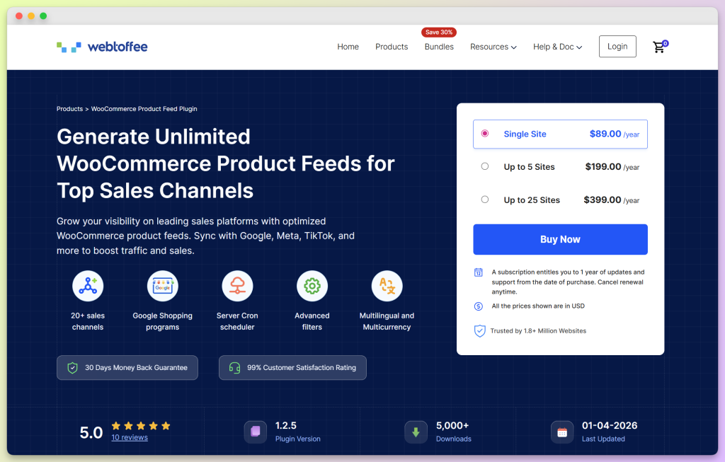 WebToffee WooCommerce Product Feed plugin page showing 20 plus sales channels, advanced filters, and annual pricing options