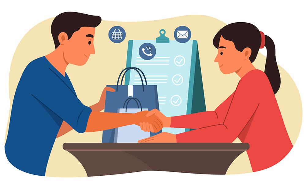 what-are-repeat-customers-01 - AdTribes A man holding a shopping bag shaking hands with a woman