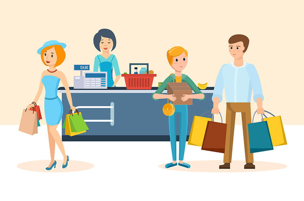 what-are-repeat-customers-02 - AdTribes Three customers holding shopping bags as they happily walk away from a cashier