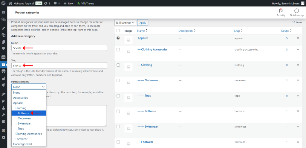 The Product categories page, showing the creation of a "Shorts" category and a list of categories and subcategories on the right side