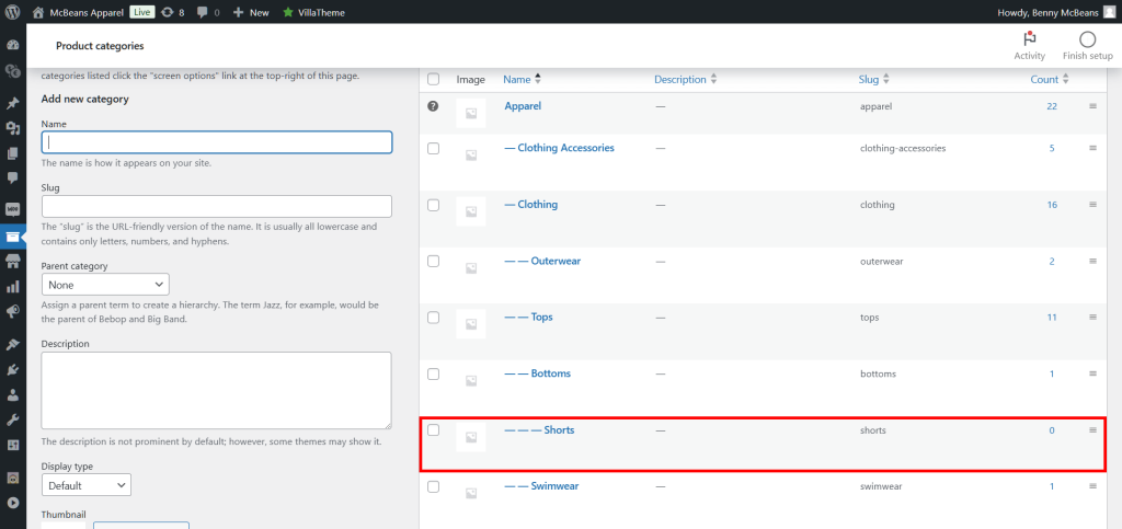 The Product categories page, showing the creation of a "Shorts" category and a list of categories and subcategories on the right side, with the "Shorts" subcategory highlighted in red