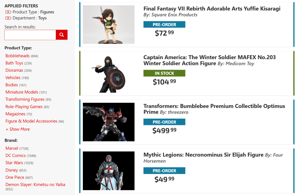 Four action figures, including a robot, superhero, knight, and video game character, on display on BigBadToyStore