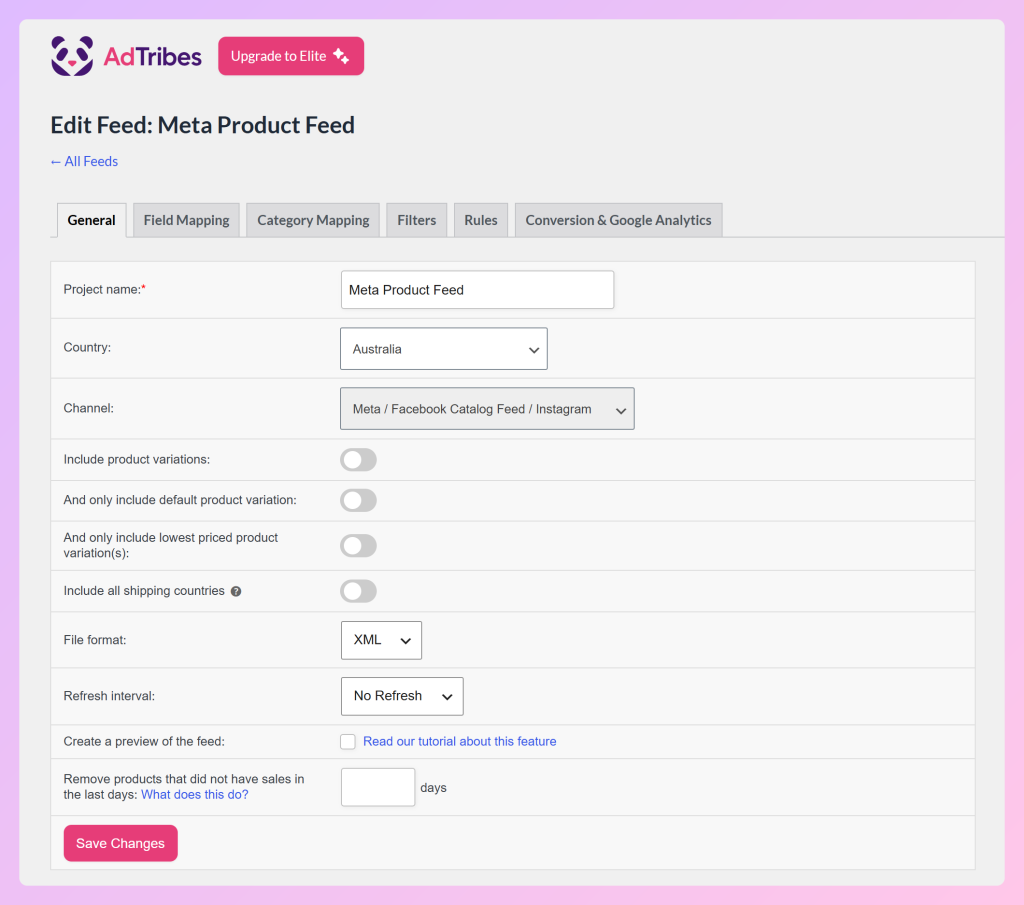 Zakładka Ogólne AdTribes Product Feed Pro dla kanału Meta z Australią jako krajem i Meta / Facebook Catalog Feed / Instagram jako kanałem