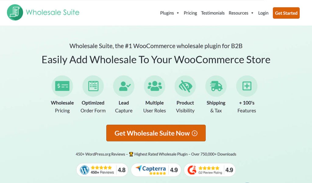 Landing page for Wholesale Suite plugin promoting wholesale features for WooCommerce, showing icons, testimonials, and prominent 'Get Wholesale Suite Now' call-to-action.