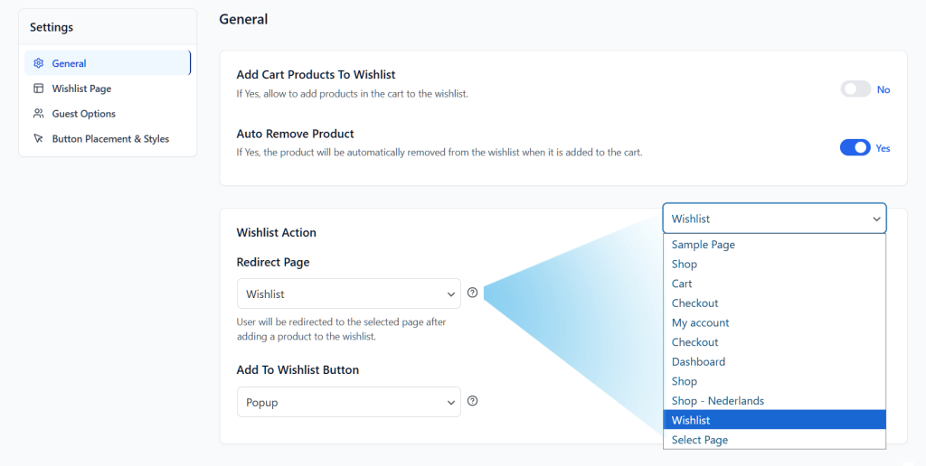 Admin settings page for wishlist plugin showing toggles (Add Cart Products: No, Auto Remove: Yes) and redirect page dropdown set to Wishlist.
