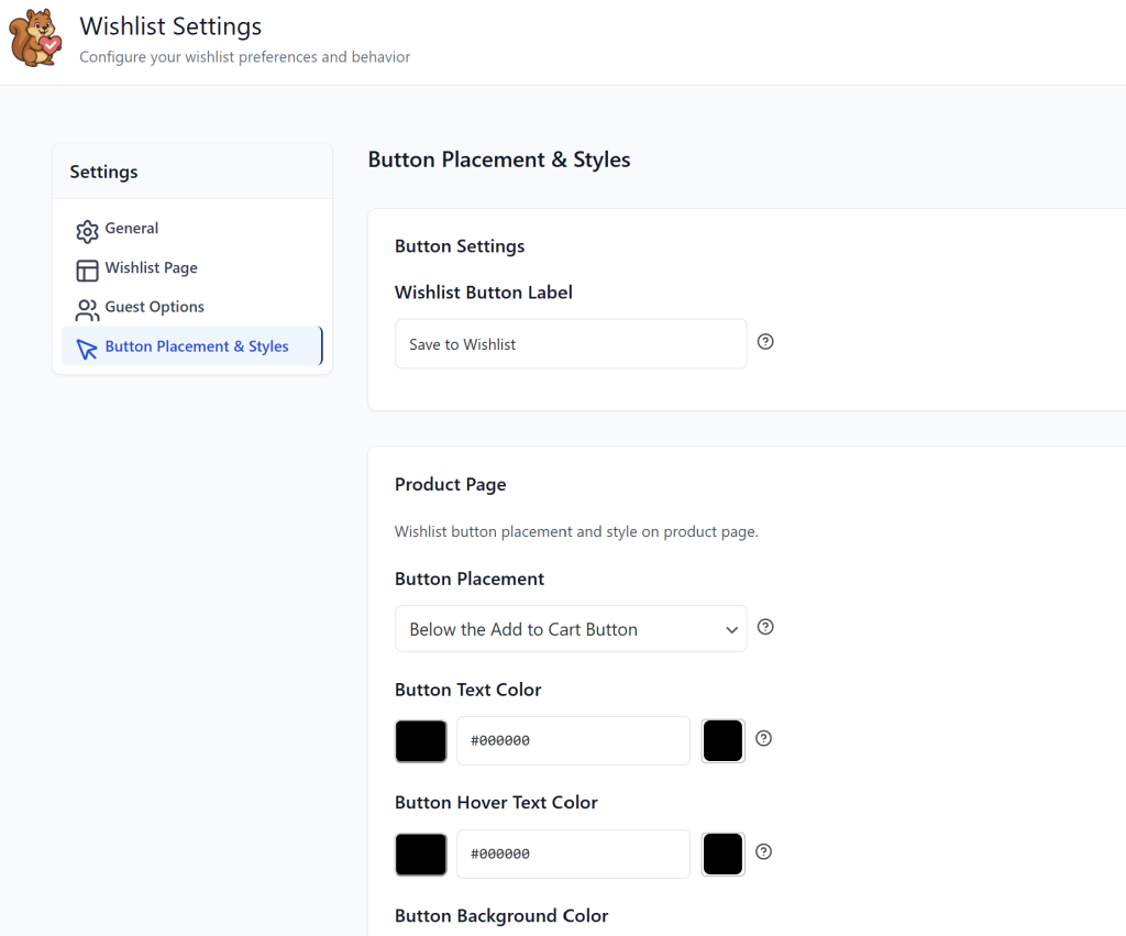 wishlist-settings - AdTribes SaveTo Wishlist button placement and color settings in the plugin dashboard