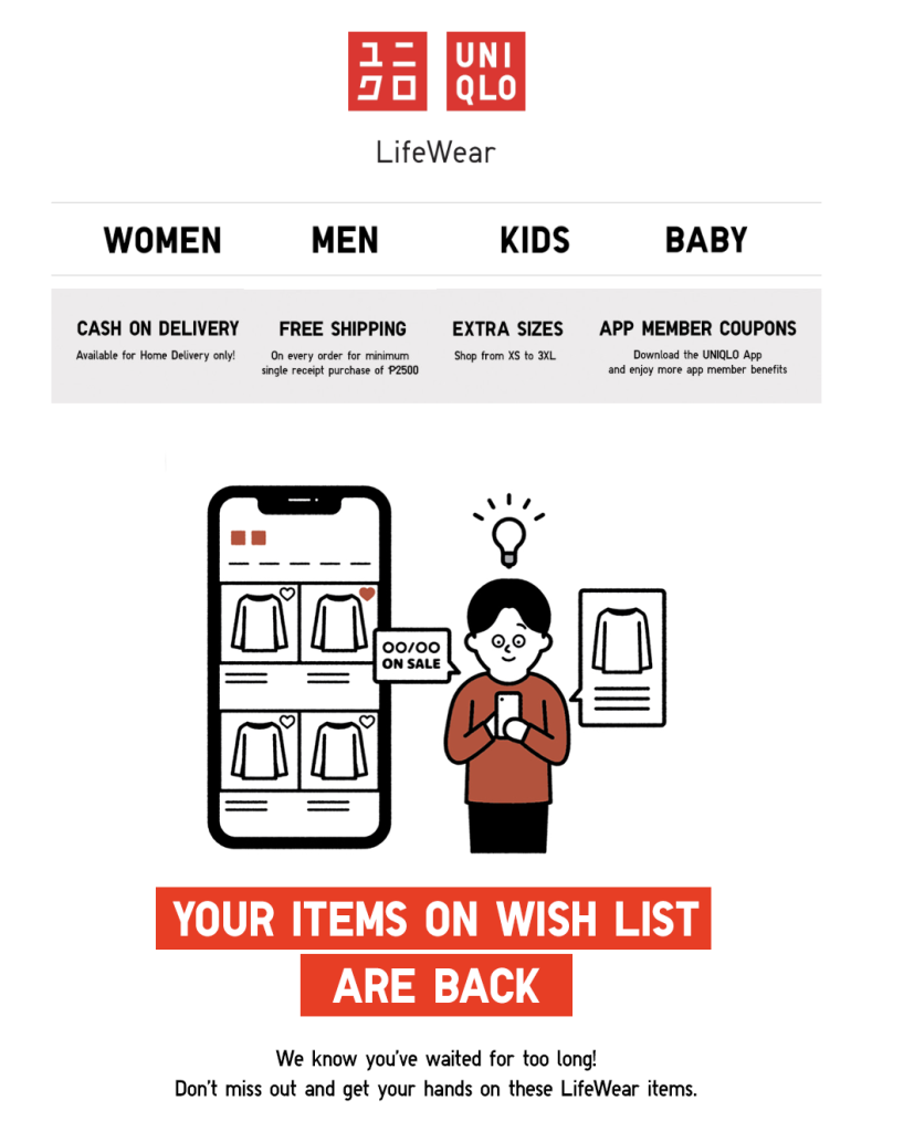 Uniqlo email campaign showing a customer being notified that wishlist items are back in stock or on sale