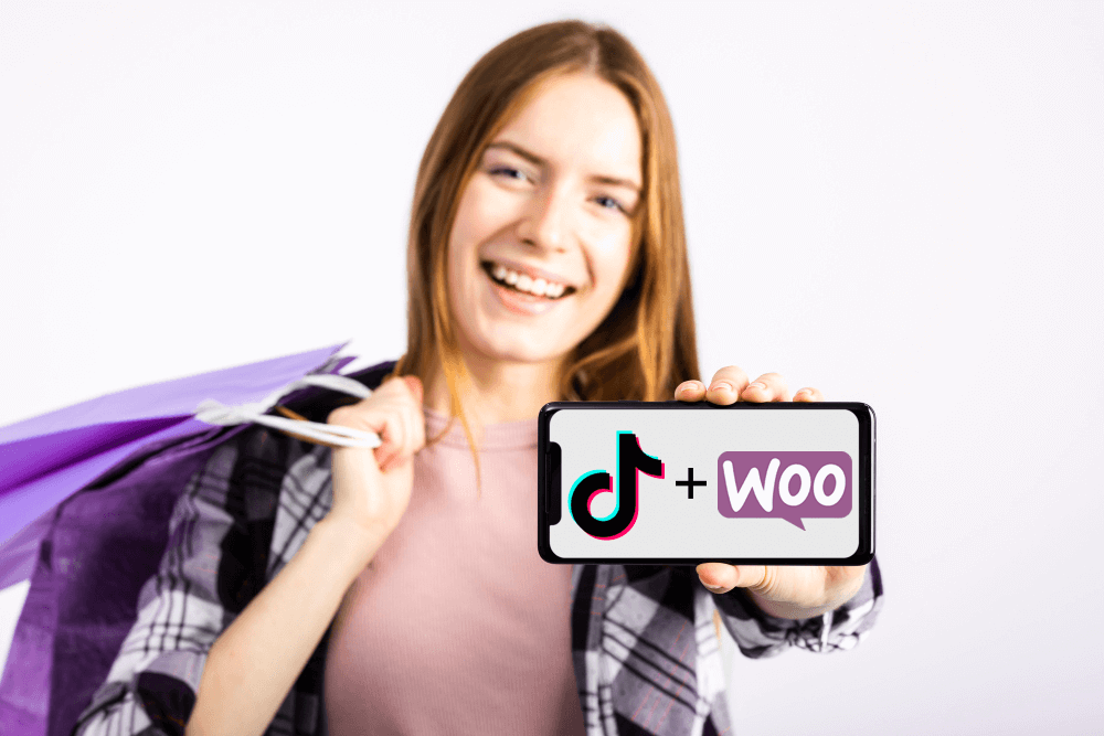 A woman holding purple shopping bags over her shoulder and a smartphone with the logos of TikTok and WooCommerce on its screen