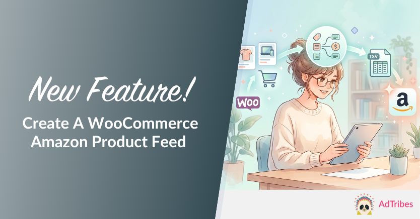 New feature banner announcing WooCommerce Amazon product feed; woman with tablet at a desk on the right side.