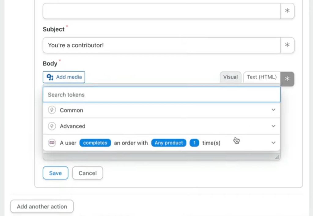 Screenshot of an automation workflow: when a WooCommerce user completes an order, add 'Contributor' user role via Groundhogg and send follow-up actions.