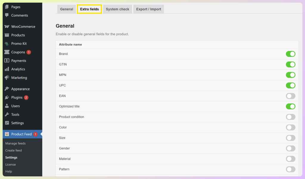 Product Feed Pro Extra fields settings showing toggles for Brand, GTIN, MPN, UPC, EAN, and other product attributes