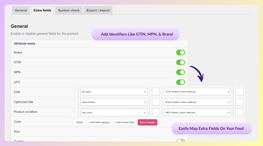 woocommerce-extra-fields-for-product-feeds-2 - AdTribes AdTribes extra fields screen showing Brand, GTIN, MPN, UPC, and field mapping options