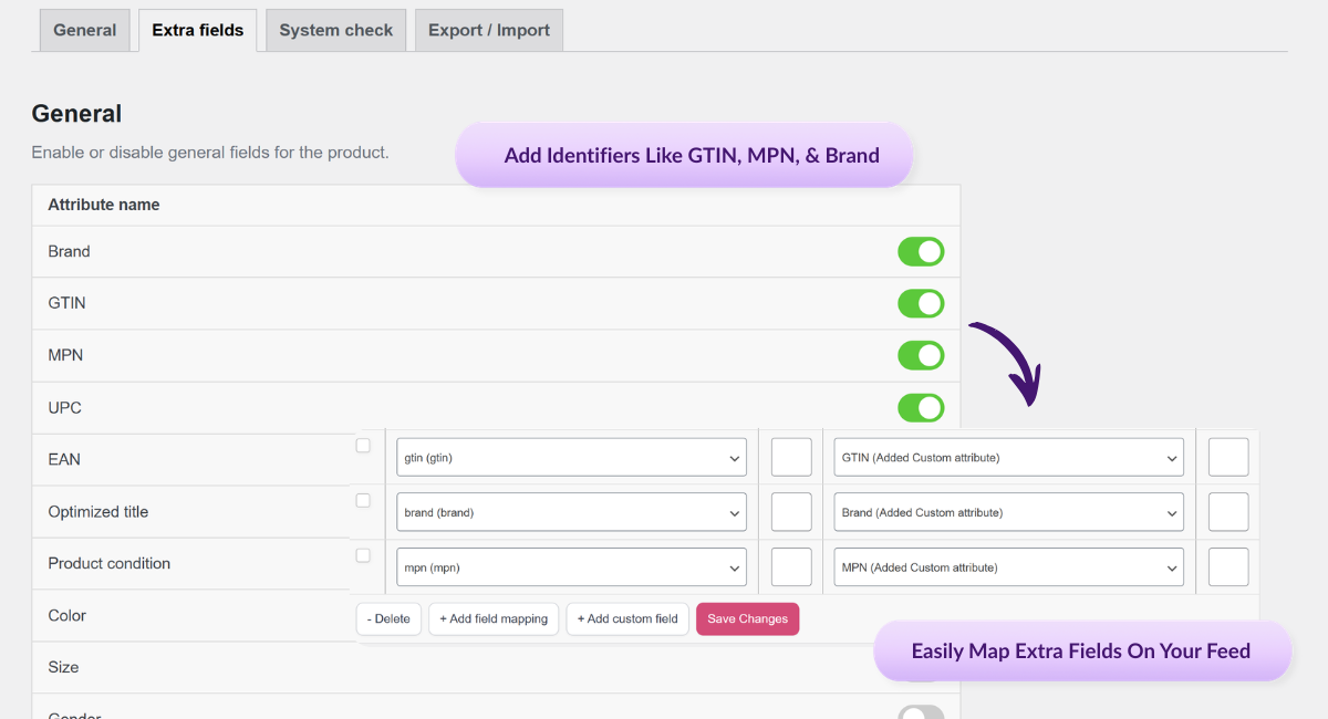 Screenshot of a product feed setup showing Google Shopping as the selected channel, with a dropdown listing many sales channels.
